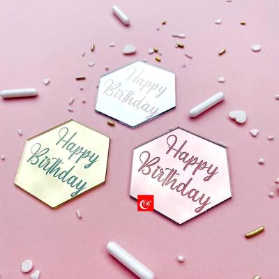 China ACRYLIC Cake Topper Supplier Charm Bag Decoration Topper Personalized Hexagon Wedding Tag Cake Disc TX Happy Birthday Cake Topper for sale