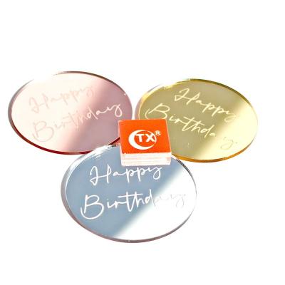 China ACRYLIC Topper Happy Decor For Dessert Gift Box Laser Mark Shiny Gold Mirror Disc Cupcake Charm Cakesicle Pop Disc From TX Birtrhday for sale