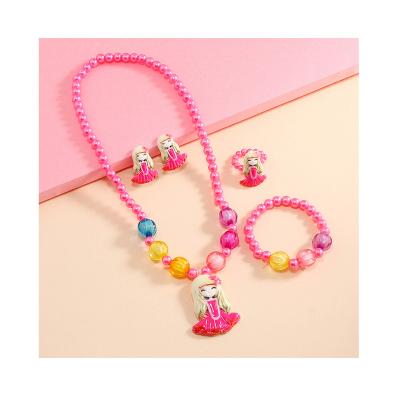 China New Cute Girl Jewelry Set Cute Cartoon Pendant Children's Beaded Necklace 4 Piece Bead Bracelet Ear Clip Ring Set for sale