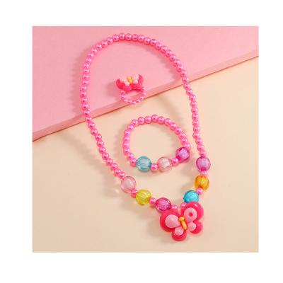 China Cute Cartoon Butterfly 3 Pieces Pendant Jewelry Set Children's Beaded Ring Cute Girl Necklace Bracelet Set for sale