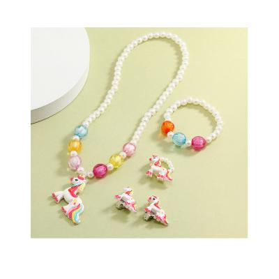 China Cute 5 Pieces Candy Dangle New Cute Girl Unicorn Beaded Bracelet Ring Ear Clip Set Bead Necklace Wholesale DIY for sale