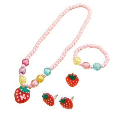 China Soft Cute Cute Girl DIY Beaded Necklace Set Children's Strawberry Jewelry Bead Bracelet Ring Dangle Ear Clip for sale