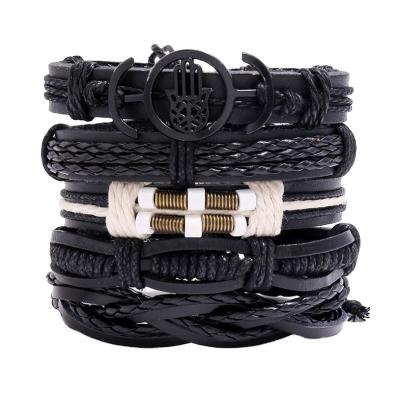 China Punk retro casual punk bracelet braided stretch leather charm jewelry bracelet set men and women DIY 5 piece bracelet for sale