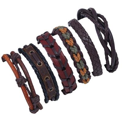 China Vintage Woven Punk 6 Pcs Vintage Woven Bracelet Men's Bracelet Set Student DIY Handmade Casual Leather Wrapped Strap for sale