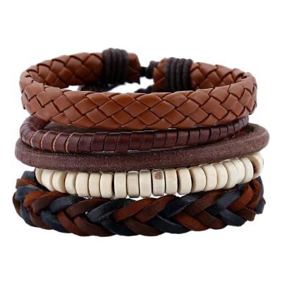 China Punk 5 Pieces Retro Stretch Multilayer Leather Bracelet Braided DIY Beaded Bracelet For Men And Women Casual Charm Bracelet for sale