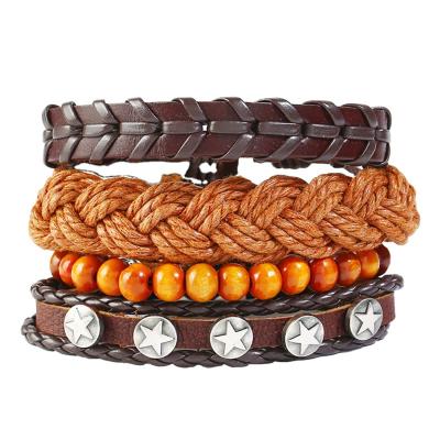 China Retractable Punk 4 Pcs Vintage Leather Braided Bracelet DIY Beaded Bracelet Five-pointed Star Inlaid Multilayer Bracelet for sale