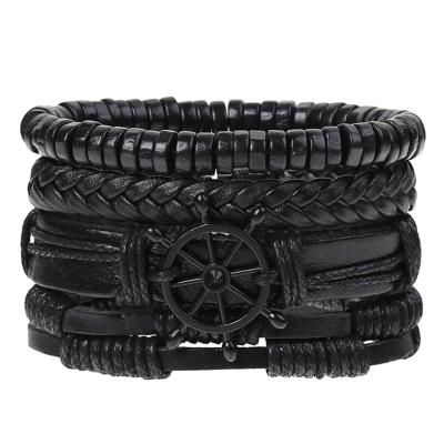 China Punk 4 Piece Set DIY Leather Wooden Bead Bracelet Rudder Vintage Beaded Bracelet For Men And Women Leather Woven Bracelet For Students for sale