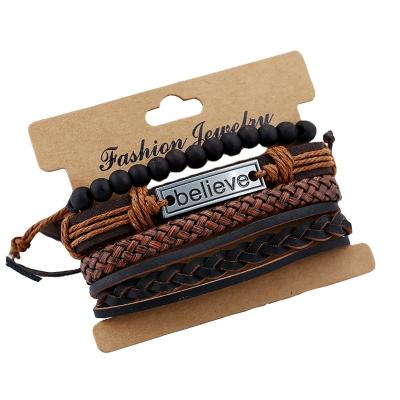 China Punk 4 Piece Believe Letter Bracelet Vintage DIY Leather Braided Bracelet Beaded Retractable Casual Bracelet For Men And Women for sale