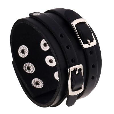 China Men's Punk Adjustable Leather Bracelet Vintage Friendship Bracelet For Student Ladies Snap All-match Casual Wrap Wristband for sale