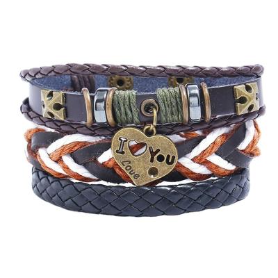 China Vintage Punk 3 Pieces Leather Multilayer Braided Bracelet Unisex Adjustable Hand Rope DIY Beaded Bracelet Love Pendant Bracelet for sale