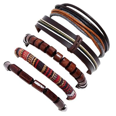 China 5 Pcs Men's Beaded Bracelet Vintage Punk Leather Braided Wooden Bead Bracelet Set Casual Handmade Hand Strap for Women and Ladies for sale