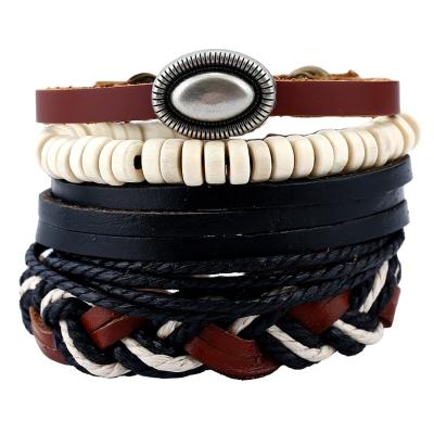 China Punk 4 Pieces Retro Adjustable Beaded Bracelet Set Men's Casual Bracelet DIY Leather Braided Multilayer Hand Strap For Men And Women for sale