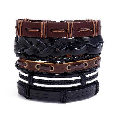 China Punk 5 Pieces Cool Rock Bracelet Retro Bangle Bracelet Set Diy Adjustable Braided Leather Hip Hop for sale