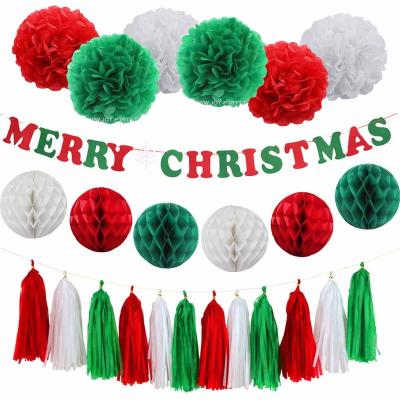 China Red Green Pom Poms Honeycombs Tissue Garland White Paper Christmas Decoration MERRY CHRISTMAS Banner Christmas Party Nonwoven Set for sale