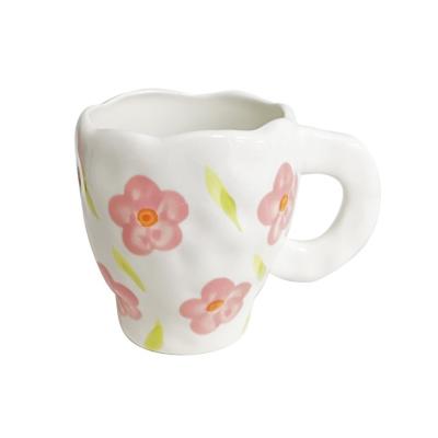 China Popular Ceramic Irregular Rose Tea Milk Cup Coffee Flower Products Mugs Ceramic Water Cup Hand Painted Irregular for sale