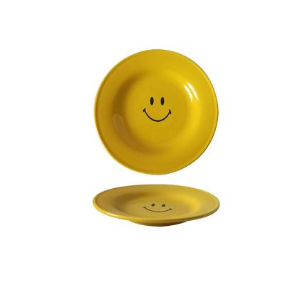 China Restaurant Smiley Face Ceramic Plate Yellow Best Viable Selling Dinner Dish for sale