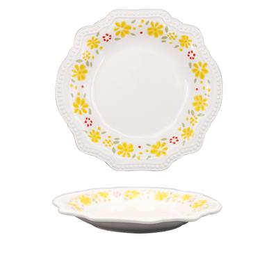 China 10 inch white ceramic dinner dish viable yellow ceramic flower household small fresh fish dish for sale