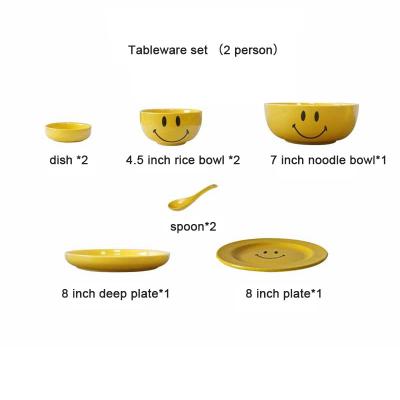 China Viable Manufacturer Well Made Simple Dinnerware Dish Yellow Smiley Cutlery Luxury Ceramic Bowl Set for sale