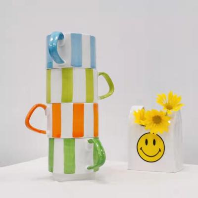 China Sustainable Reasonable Price Coffee Tea Mug Food And Beverage Store Ceramic Stripe Mug for sale