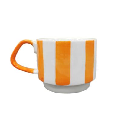 China Viable Hot Drinks Mug Stripe Mug White Ceramic Coffee Tea Cups Round Orange Green for sale