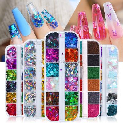 China Easy Apply OM 12 Colors Laser Nail Decoration Flake Foil Nail Art Sequins Chips Glitter Gold Silver Letter Heart Design for sale