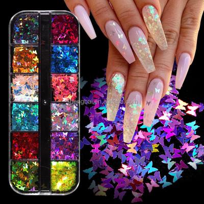 China Easy Apply Shiny Nail Art Sequins OM 12 Color Sticker Nail Decoration Mixed Design Chips Flakes Laser Glitter Butterfly for sale