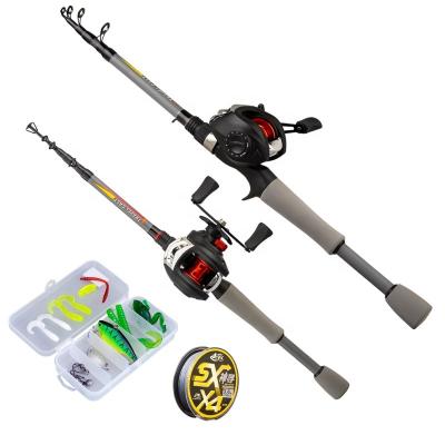 China 1.8m/2.1m carbon fiber kit full travel fishing rod and reel set baitcasting telescopic fishing rod reel set combo for sale