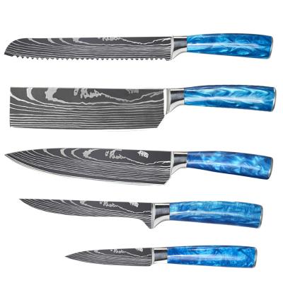 China 5pcs Sustainable Hot Sale Damascus Pattern Chef Knife Pakkawood Handle Kitchen Cutlery Set for sale