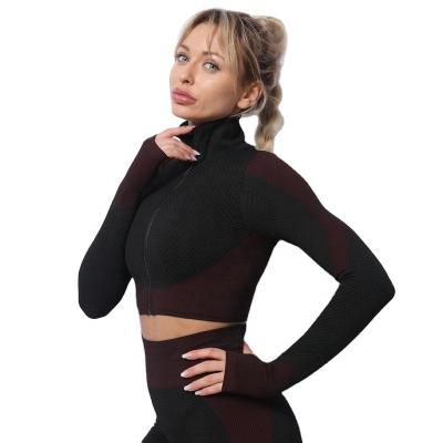 China Low Moq Wholesale QUICK DRY for Logo Package Black Seamless Custom Zipper Up Long Sleeve Crop Gym Top Apparel for sale