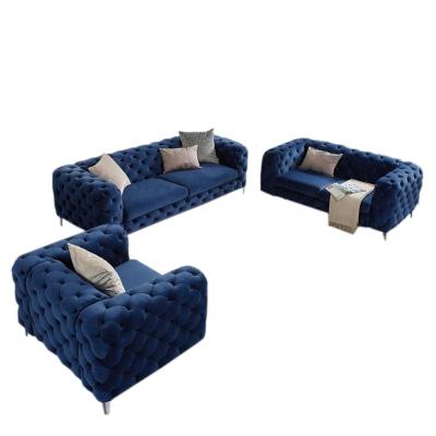 China Modern French Style Button Sofas (Other) Luxury Navy Blue Velvet Fabric Upholstered Couch Adjustable With Wood Frame Chesterfield Sofa for sale