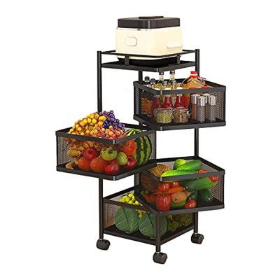 China Sustainable 4 Tier Rotating Rolling Square Vegetable Cart Kitchen Metal Rolling Storage Cart With Basket for sale