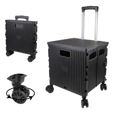 China Heavy Duty Plastic Collapsible Serving Trolley Crate Durable Folding Portable Rolling Cart With Telescoping Handle for sale