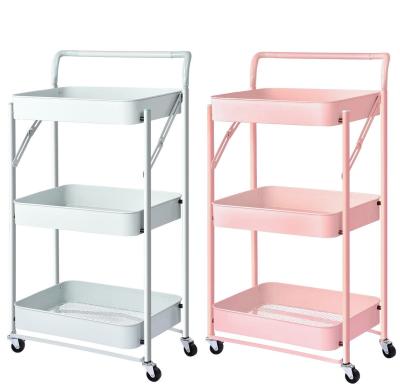 China Easy Mobile Cart 3-Tier Rolling Cart Metal Utility Storage Shelves Multifunctional Cart With Utility Handles for sale