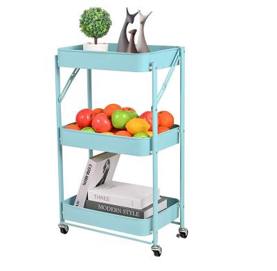 China 3-Tier Metal Storage Sustainable Folding Rolling Cart With Wheels For Kitchen/Bedroom/Living Room/Bathroom/Office for sale