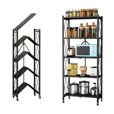 China Sustainable 5-Tiers Metal No Assembly Storage Shelves Folding Shelves Folding Rack For Garage Bedroom Kitchen With Wheels for sale