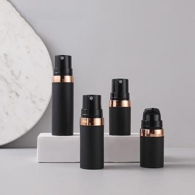 China Cosmetics Skin Care Products 5ml 10ml 15ml Black Matte Lotion Serum Airless Packaging Plastic Frosted Lotion Pump Bottle With Gold Ring Fine Mist Spray Bottle for sale