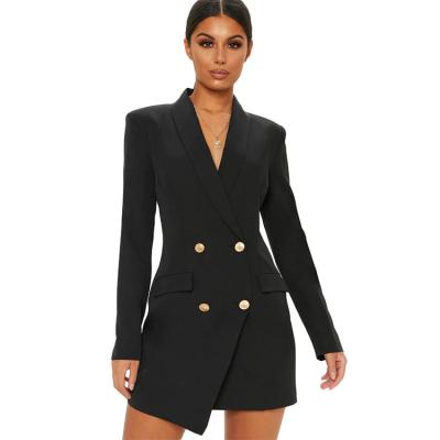 China Women's Black Asymmetrical Anti-Static Anti-Static Design Bodycon Blazer And Gold Button Detailing Dress for sale