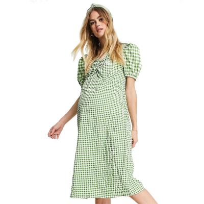 China Anti Allergy Anti Allergy Gingham Puff Sleeve Midi Dress Pregnancy Clothes Women Dresses for sale