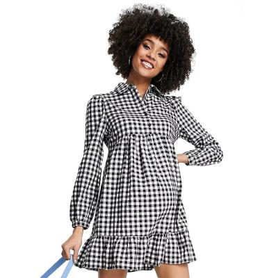 China Anti-Allergy Anti-Allergy Must Love Placket Women Gingham Spread Collar Button Sexy Maternity Dress for sale