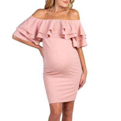 China Anti-allergy Anti-allergy Elastic Neckline And Layered Ruffle Trim Off The Shoulder Dresses Maternity Dresses for sale