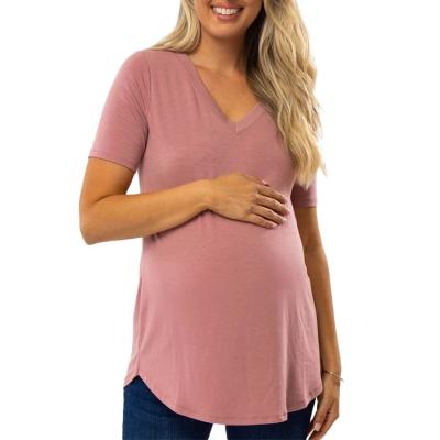 China Breathable Breathable Solid Knit Short Sleeve V Neck Round HHem Tops Maternity Tees for sale