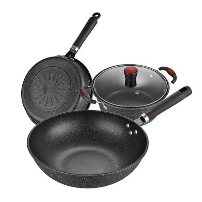 Chine Fond plat noir de fonction multi 3PCS faisant frire non des ensembles de Cookware de cuisine de bâton à vendre