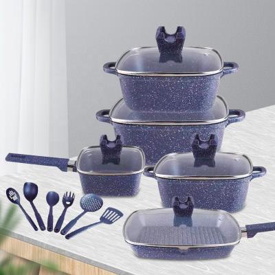 China Cookware de alumínio da pedra de 16Pcs Maifan ajustado com o anti punho do calor à venda