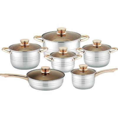 Κίνα Καθορισμένη χρυσή λαβή Cookware εγχώριου 12pcs ανοξείδωτου βιώσιμη προς πώληση