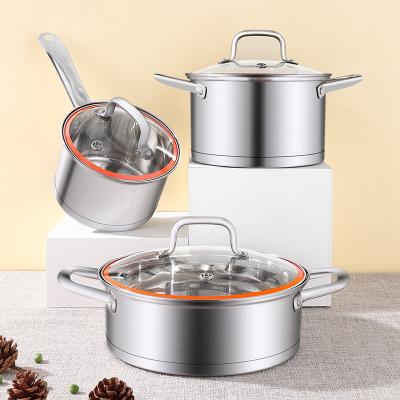 China Los 3 pedazos de alta calidad de la inducción que cocinaba el pote fijaron el Cookware de acero inoxidable de Ollas 304 rectos del pote fijado con la tapa de cristal en venta