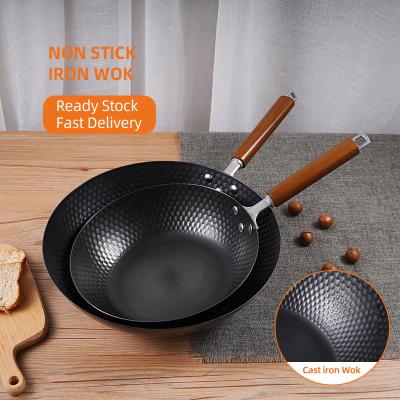 China Bestseller- Roheisen, das Nicht-Stock Pan Black Extra Large Woks Cocina brät Pan Kitchen Wok Pan kocht zu verkaufen