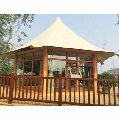 China Diamond Ground Nail Hexagonal Steel Frame PVDF 4m 5m 6m glamping luxury hotel tent for resort for sale