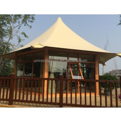 China Diamond Ground Nail Luxury Hexagonal Safari Canvas Tent Eco Cabins Tent Glamping House for sale