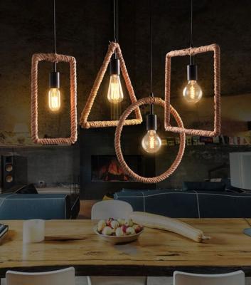 China Retro Industrial Geometric Simple Creative Shop Loft Cafe Bar Restaurant Wrought Iron Hemp Rope Personality Industrial Chandelier for sale