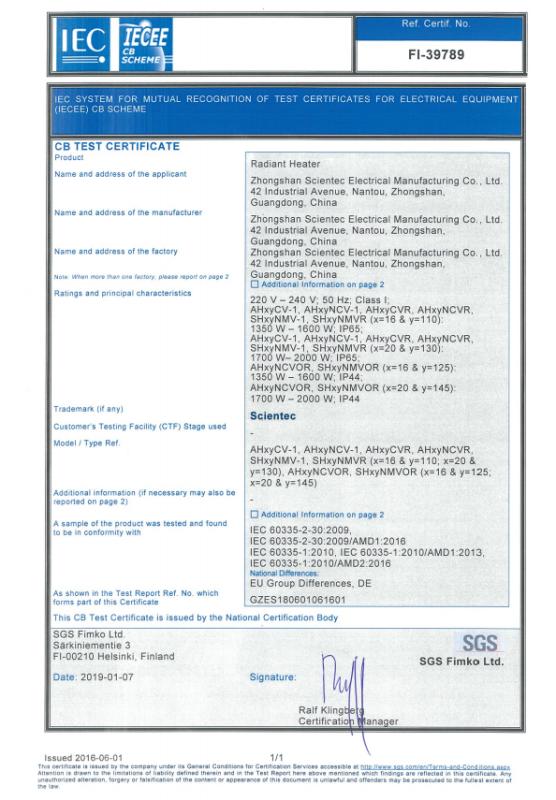 CB - Zhongshan Scientec Electrical Mfg. Co., Ltd.